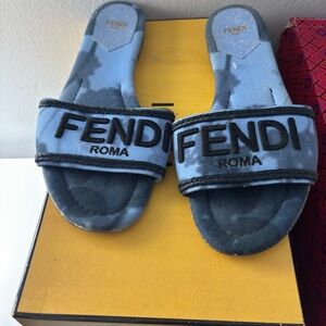 Fendi Denim Blue and Black Logo Slides